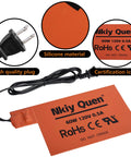 Automotive Silicone Battery Heater Pad With Smart Thermostatic Control And Uniform Heating Wires To Kickstart Your Daily Ride In Freezer Burn Temps Without Cranking Failures Or Dead Cells On Frigid Weekends, orange silicone pad with 60W power and plug.