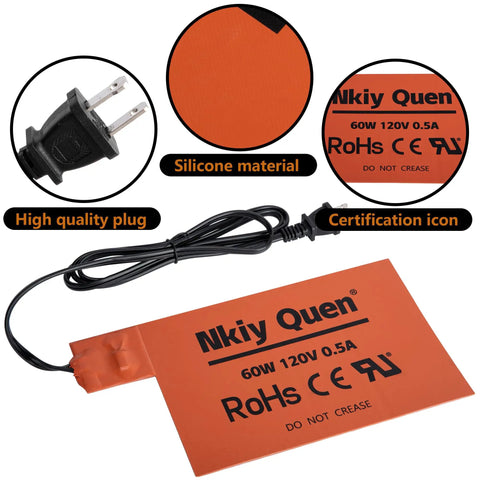 Automotive Silicone Battery Heater Pad With Smart Thermostatic Control And Uniform Heating Wires To Kickstart Your Daily Ride In Freezer Burn Temps Without Cranking Failures Or Dead Cells On Frigid Weekends, orange silicone pad with 60W power and plug.