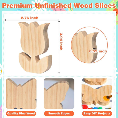 Spring Wood Cutouts Painting Kit 6 Pack Tulip And Butterfly Shapes Unfinished Blank Wood Slices dimensions and features.