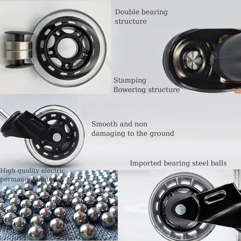 Close-up of 2 Inch Office Chair Caster Wheels Set of 5, Heavy Duty Casters with Steel Body, showing bearings and polyurethane wheels.