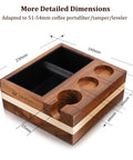 Espresso Knock Box And 4 In One Organizer For Home Barista Setup with dimensions and wooden design, showing portafilter holders.