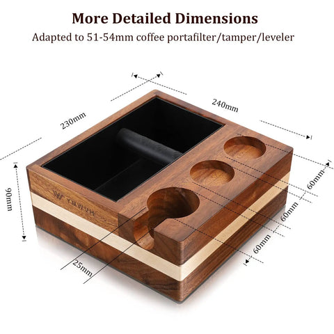 Espresso Knock Box And 4 In One Organizer For Home Barista Setup with dimensions and wooden design, showing portafilter holders.