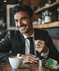 Man in business attire with a Walnut Wood Business Card Holder For Desk And Office on a table in a cafe setting.
