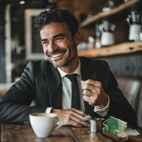 Man in business attire with a Walnut Wood Business Card Holder For Desk And Office on a table in a cafe setting.