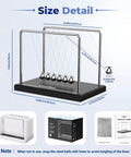 Size details of Newtons Cradle Desk Toy With 7 Beads Kinetic Pendulum For Stress Relief And Visual Gravity Demonstration Classic Wood Base Smooth Swing Up To About 50 Seconds.