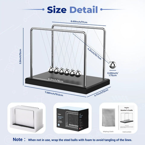 Size details of Newtons Cradle Desk Toy With 7 Beads Kinetic Pendulum For Stress Relief And Visual Gravity Demonstration Classic Wood Base Smooth Swing Up To About 50 Seconds.