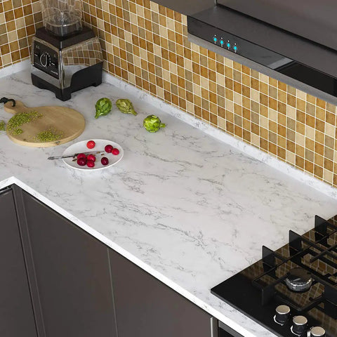 Easy DIY Ultra Thick Grey White Marble Peel And Stick Wallpaper 160 X 36 Inch on kitchen countertop with backsplash