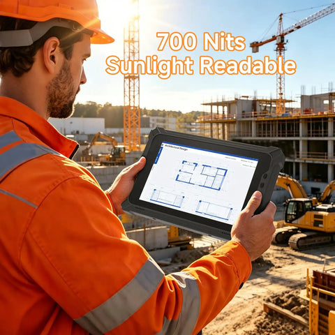 Built Like A Tank Rugged Tablet With Integrated Barcode Scanner 10.1 Inch Windows 11 Pro being used at a construction site.