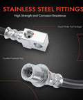 Detailed view of stainless steel fittings on Rear Center Brake Hydraulic Hose for Classic GM Vehicles showing corrosion resistance.
