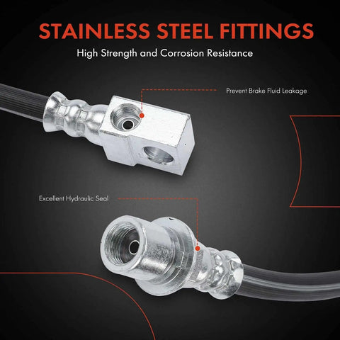 Detailed view of stainless steel fittings on Rear Center Brake Hydraulic Hose for Classic GM Vehicles showing corrosion resistance.