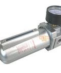Heavy Duty Three Quarter Inch NPT In Line Air Filter Regulator Combo with metal bowl and gauge, side view