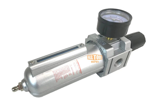 Heavy Duty Three Quarter Inch NPT In Line Air Filter Regulator Combo with metal bowl and gauge, side view