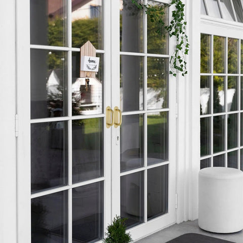 Gold Oval Base 304 Stainless Steel Door Pull Handles Set Durable Heavy Duty 8 Inch Built Tough Satin Finish For Glass Doors Fire Doors Entrance And Exit 2 Pack on white glass double doors