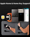 Slick Apple Home Key Smart Door Lock With Quick Scan Fingerprint Reader And Top Shelf Wireless Deadbolt For Totally Hassle Free iPhone Entry In Cool Gray Shell displayed with Apple Watch and iPhone.