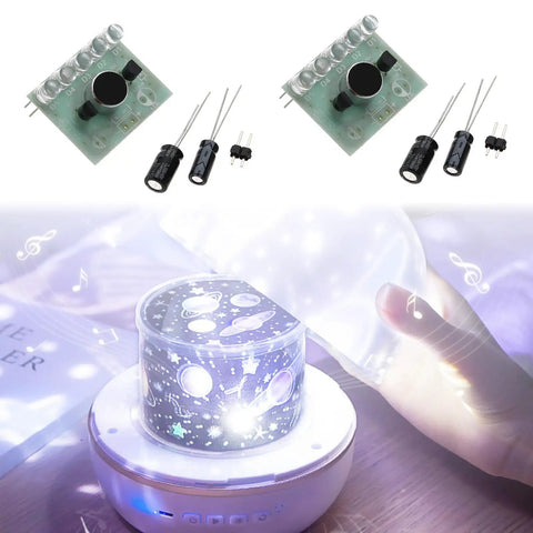 Sound Activated LED Melody Light Kit For Hands On Soldering Practice And DIY Electronics Projects With Voice Activated LEDs, showing circuit boards and glowing LED light in use