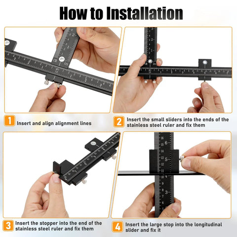 How to use the Precision Aluminum Twin Ruler Cabinet Hardware Jig, showcasing installation steps for alignment.