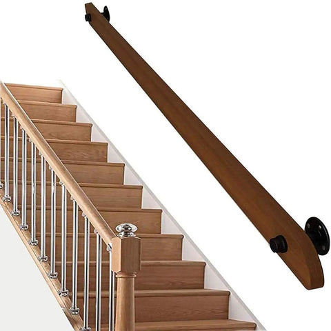 Top Tier Solid Wood Stair Handrail, Non Slip Indoor Hallway Safety Railing With Heavy Duty Iron Brackets And Full Mounting Kit, No Sweat Wall Grip Support Bar For Home Loft Or Senior Living 17 Ft Long mounted on stairs.