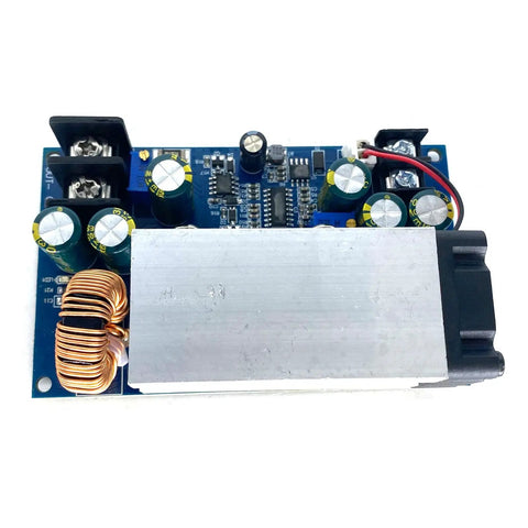 600W 25A Step Down Adjustable Power Module DC To DC Buck Converter With CC CV Regulation, top view showing components and heatsink.