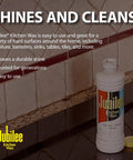 Jubilee Kitchen Wax bottle on a tiled countertop, highlighting its use to clean and shine surfaces throughout the home.