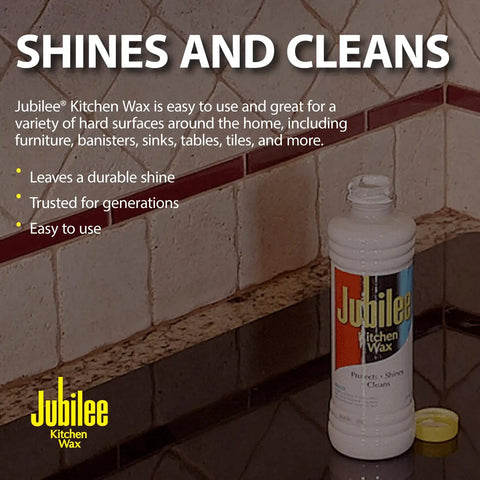 Jubilee Kitchen Wax bottle on a tiled countertop, highlighting its use to clean and shine surfaces throughout the home.