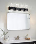 Black 4 Light Crystal Bathroom Vanity Light Over Mirror LED Wall Fixture, Modern Design, installed over bathroom mirror