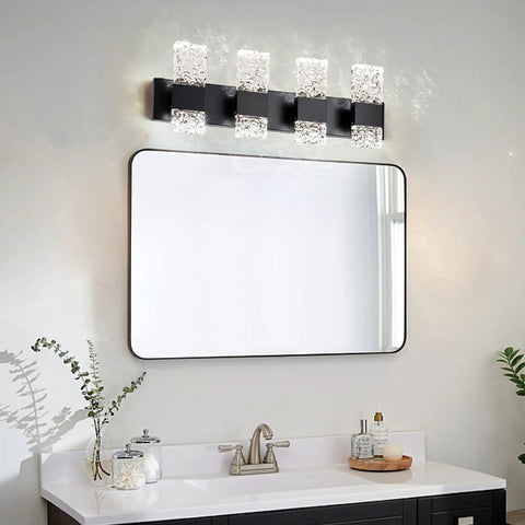 Black 4 Light Crystal Bathroom Vanity Light Over Mirror LED Wall Fixture, Modern Design, installed over bathroom mirror
