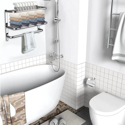30 Inch Bathroom Shelf 3 Tier Wall Mount Rack With Towel Bars Extra Long Heavy Duty All Metal Build Rust Proof Stainless Steel Chrome Finish Built To Last in modern bathroom.