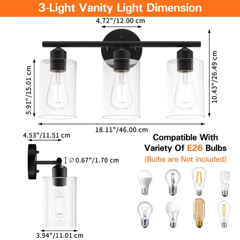 Dope Matte Black 3 Light Vanity Light Over Mirror With Glass Shades UL Certified Bathroom Wall Sconces dimension chart