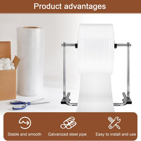 Rock Solid Vertical Bubble Wrap Roll Dispenser Heavy Duty Film Packing Station with galvanized steel frame and bubble wrap roll.