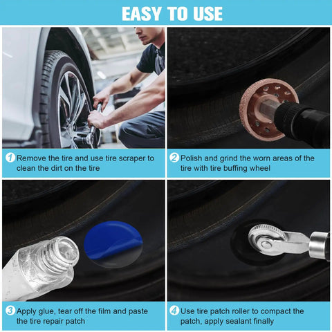 Easy to use steps for Heavy Duty Tire Patch Kit With 32mm, 45mm And 58mm Patches, Patch Roller, Buffing Wheel, and Tools