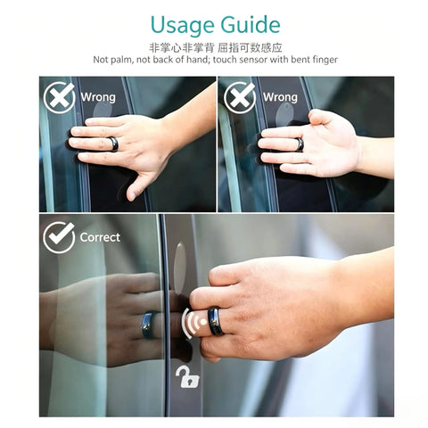 Usage guide for Hella Durable Smart Zirconia Ceramic Key Ring For Tesla Model 3 Y X S Cybertruck showing correct touch sensor method.