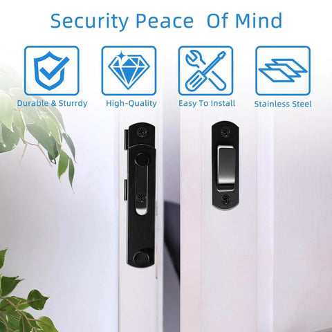 Beefy 4 Inch Heavy Duty Barn Door Lock Latch installed on door showing matte black stainless steel, for indoor and outdoor use.