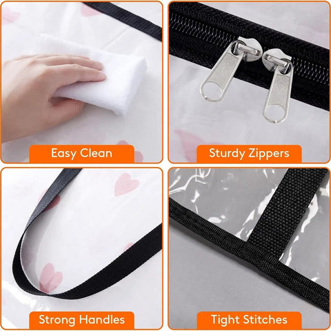 Super Roomy Clear Zippered Storage Bags With Heavy Duty Handles And Full Transparent Panels for easy cleaning and sturdy zippers.
