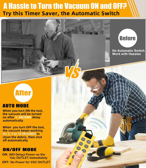 Front view of Amazon Automatic Vacuum Switch with Remote; shows 3/7/10s delay for power tools.