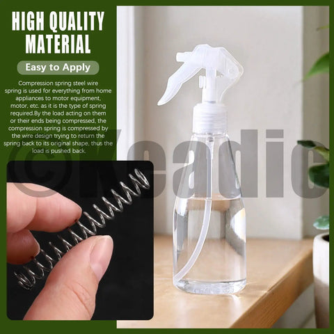 Hand holding a small compression spring with a spray bottle in background, Mini Stainless Steel Compression Springs Kit 100Pcs 5 Size Assortment