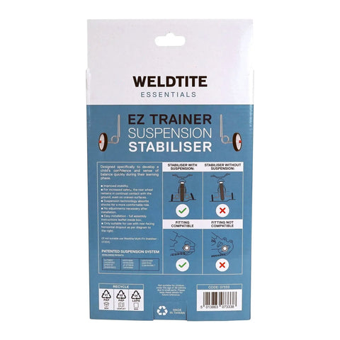 Adie Ez Trainer Suspension Stabilizers For Kids Bikes 12 14 16 Inch Wheels packaging with installation diagram.