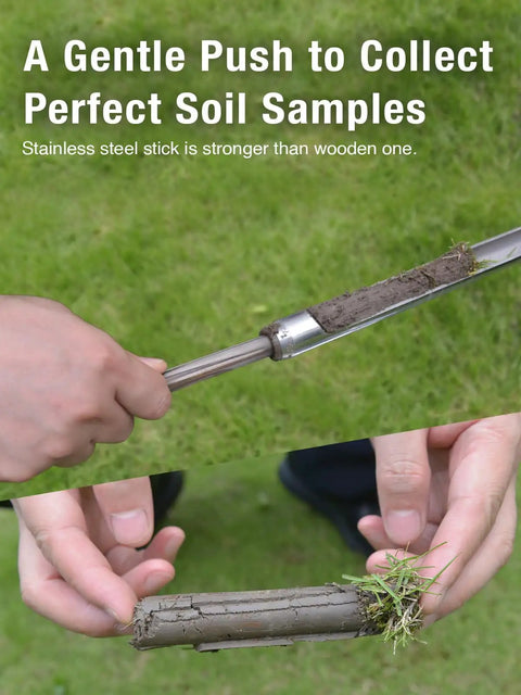 Using 12 Inch Stainless Steel Soil Probe for Deep Sampling in garden soil, showing dirt sample in sleek rust-resistant design