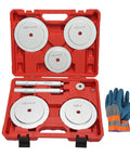 Truck Hub Seal Installer Kit For Class 7 And Class 8 Heavy Duty Trucks With Five Size Drivers in a red case with gloves