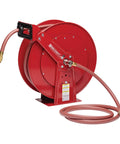 Heavy Duty 3/4 Inch By 75 Feet Spring Retractable Garden Hose Reel Rated At 250 Psi with a red metal casing and attached hose.