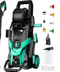 4500 PSI Pressure Washer With Four Quick Connect Nozzles Inlet Hose And Filter Foam Cannon For Cars Driveways Patios Fences Siding And Home Cleaning Navy Blue with attachments displayed