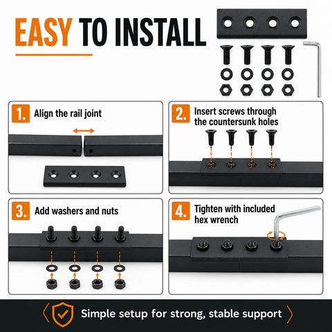 Step-by-step installation guide for Heavy Duty Sliding Barn Door Track Connector Rock Solid Carbon Steel Splice Kit.