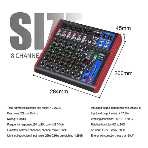 SI Series Portable Recording Mixer With 99 DSP Effects, Mic Preamps, USB Audio Interface; dimensions shown on image