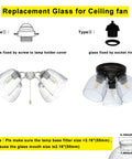 Four Pack Clear Seeded Glass Lamp Shade Replacements For Ceiling Fans Chandeliers Pendant Lights Vanity Lights And Kitchen Island Fixtures Fits Two And One Eighth Inch Fitter 4.76 Inch Diameter 5.47 Inch High shown with fitting instructions and types.