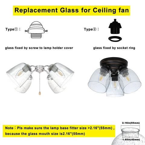 Four Pack Clear Seeded Glass Lamp Shade Replacements For Ceiling Fans Chandeliers Pendant Lights Vanity Lights And Kitchen Island Fixtures Fits Two And One Eighth Inch Fitter 4.76 Inch Diameter 5.47 Inch High shown with fitting instructions and types.