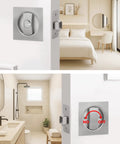 Brushed Nickel Pocket Door Lock Set For Two One Eighth Inch Bore in bedroom and bathroom settings, square style hardware, reversible latch