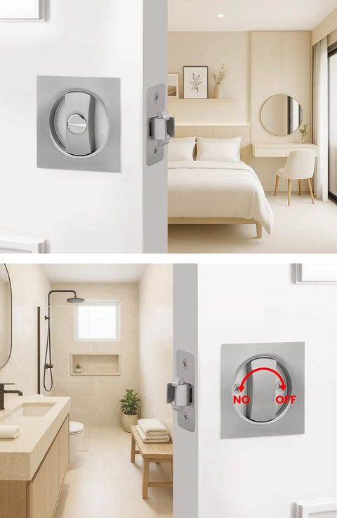 Brushed Nickel Pocket Door Lock Set For Two One Eighth Inch Bore in bedroom and bathroom settings, square style hardware, reversible latch