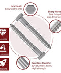 Heavy Duty Wood Lag Screws Set 304 Stainless Steel 3/8 Inch By 3 Inch Hex Head Bolts With Washers 50 Pack Includes 50 Washers And Hex Socket Drill