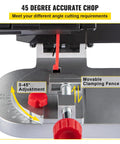 Close-up of 110V Mini Miter Cut Off Chop Saw With Dual Two and Five Sixteenths Inch Blades featuring angle adjustment and clamping fence.