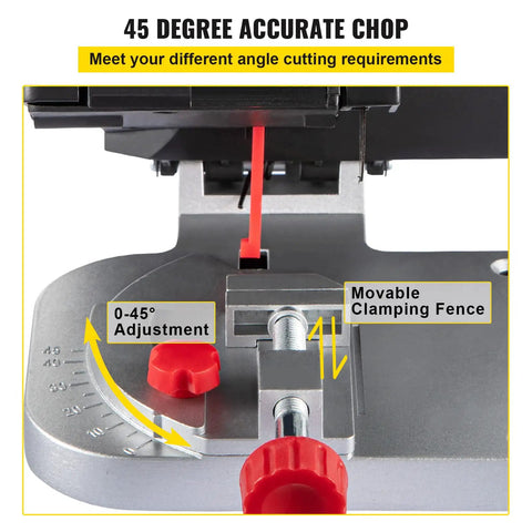 Close-up of 110V Mini Miter Cut Off Chop Saw With Dual Two and Five Sixteenths Inch Blades featuring angle adjustment and clamping fence.