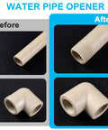 Image showing before and after use of the Super Duper Handy Dual Size Pvc Pipe Threading Kit! Handles 1/2 and 3/4 inch pipes.
